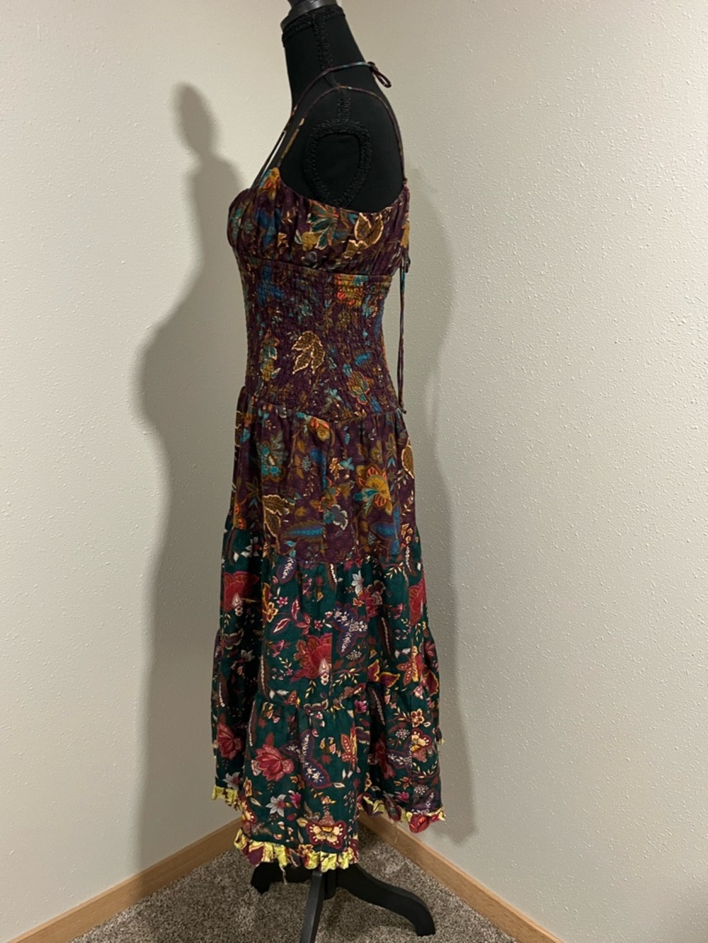 Anthropologie Floral Smocked Midi Dress in Green & Burgundy-Small - Picture 9 of 10